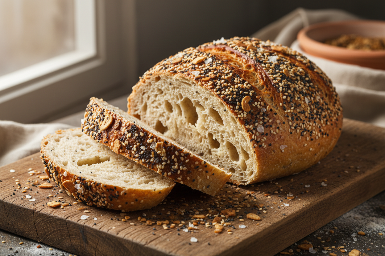 using the photos selected as guidance- please create everything bagel sourdough